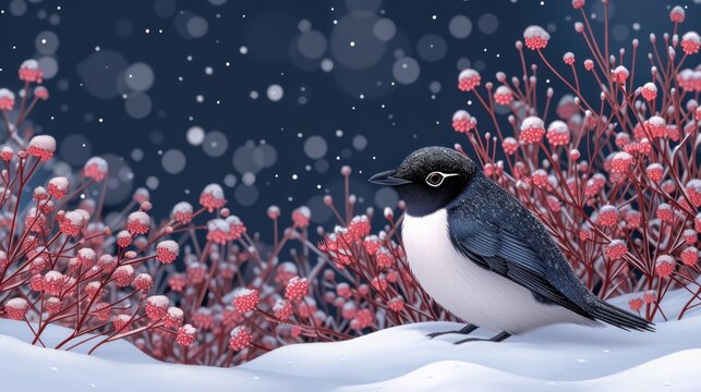 a black and white bird sitting on top of a snow covered ground next to a bush with red and white flowers.