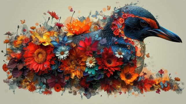 a painting of a colorful bird with lots of flowers on it's body and a lot of butterflies on it's head. © Nadia