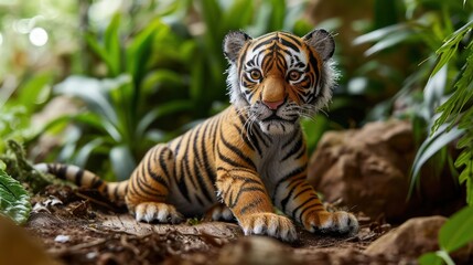 Tiger cub doll, showcasing its playful pose and distinctive stripes, arranged in a jungle-inspired scene