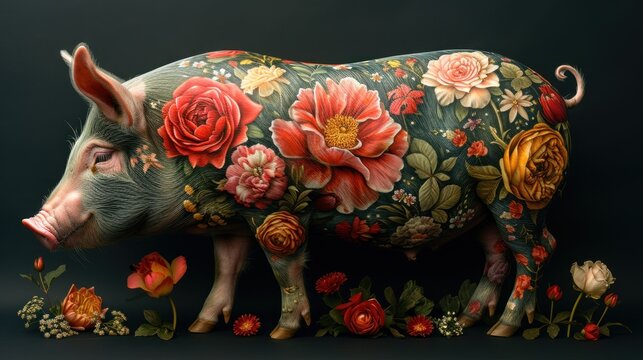 a statue of a pig with flowers painted on it's body and on the side of it's body.