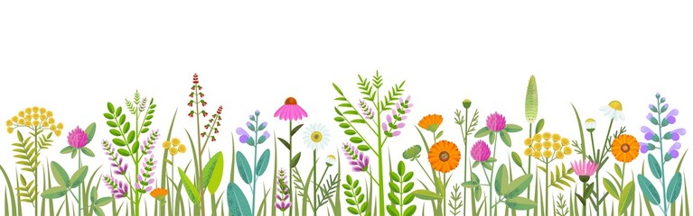 Horizontal banner or floral background decorated with gorgeous colorful blooming medicinal flowers and grass border
