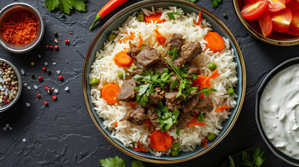 Top view of rice with carrot cooked with lamb.