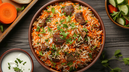 Top view of rice with carrot cooked with lamb.