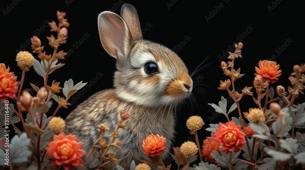 Poster a close up of a rabbit in a field of flowers with one eye on the other side of the rabbit.