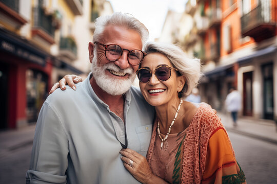 Un couple senior, heureux, amoureux, dans un centre ville.