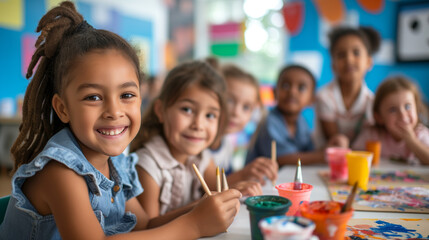 A diverse group of adorable kindergarten children in the classroom come together for creative activities and games.