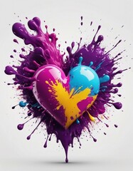 Creative heart explosion with colorful paint and splashes on a white background