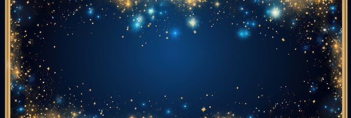 Fototapeta na wymiar sapphire blue golden blank frame background with confetti glitter and sparkles