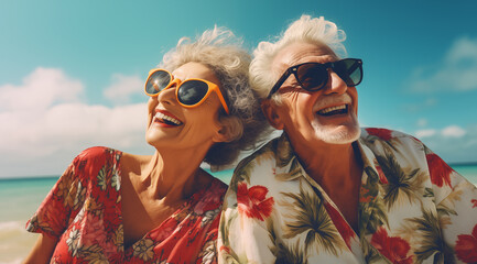 Un couple senior, amoureux, avec des lunettes de soleil, sur une plage sous un beau ciel bleu d'été. - obrazy, fototapety, plakaty