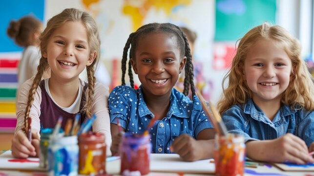 A diverse group of adorable kindergarten children in the classroom come together for creative activities and games.