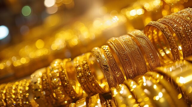 Display with jewellery in gold souk in Dubai, golden bangles jewelry shiny displayed backgrounds.