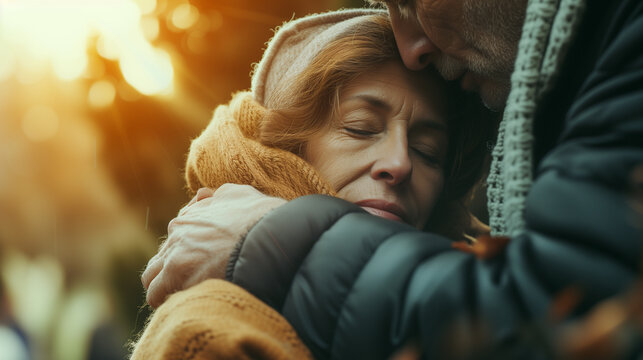 Old husband trying to comfort his wife due to her loss, funeral support and people care for grief mourning lost ones. - Powered by Adobe