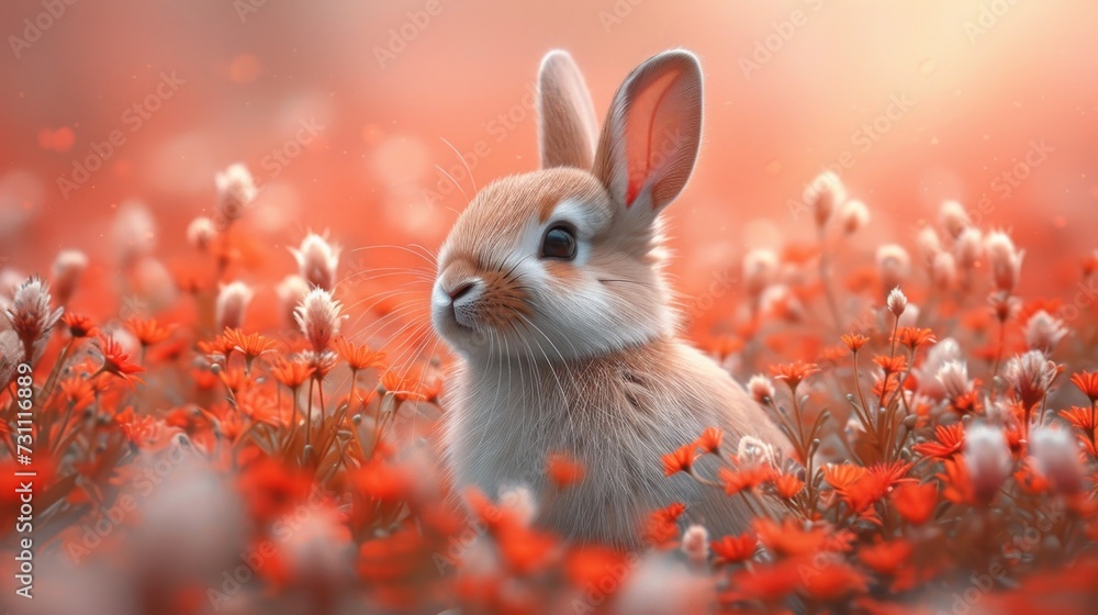 Poster a rabbit is sitting in the middle of a field of red flowers with a blurry sky in the background.
