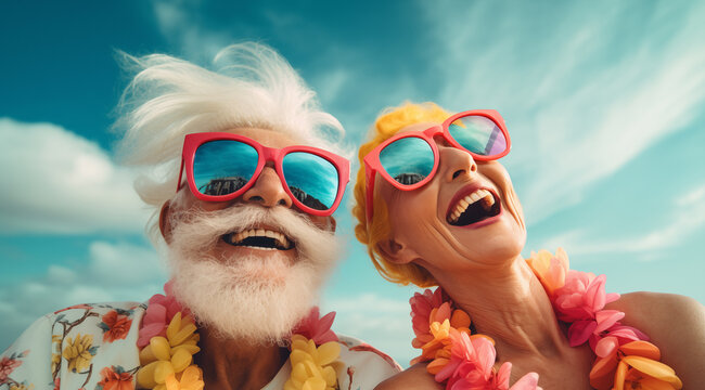 Un couple senior, heureux, riant ensemble, en vacances au soleil, portant des chemises hawa&iuml;ennes, des colliers de fleurs et des lunettes de soleil rouge, concept de bonheur &agrave; la retraite.