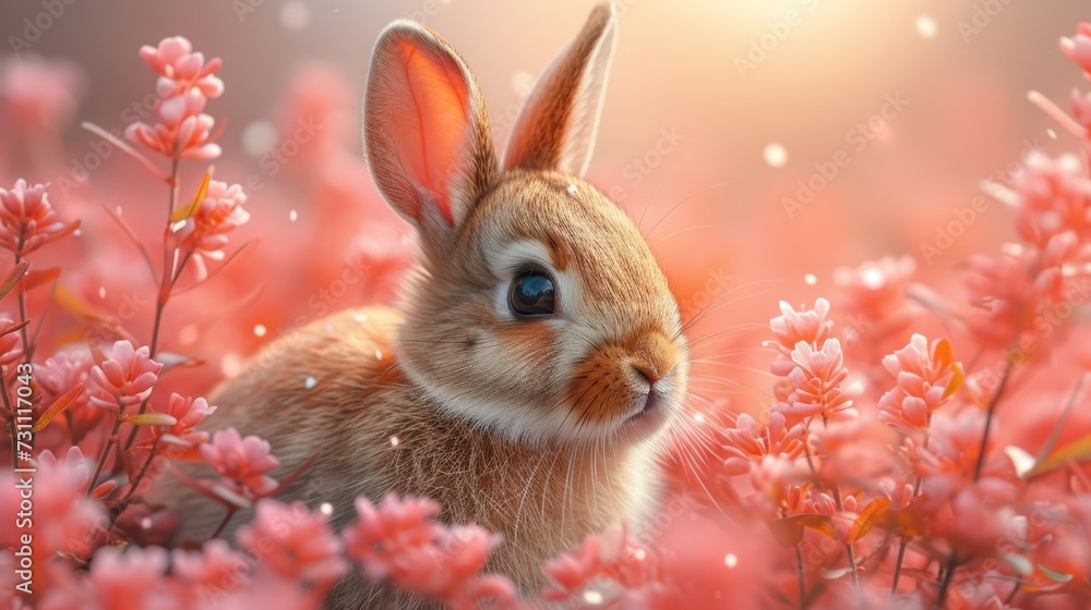 Poster a close up of a rabbit in a field of flowers with the sun shining through the clouds in the backgrou