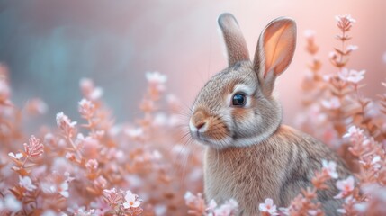 Fototapeta na wymiar a close up of a rabbit in a field of flowers with a blurry background of pink and white flowers.