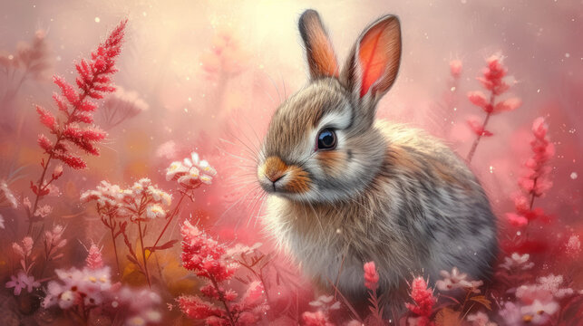a painting of a rabbit sitting in a field of red and white flowers with a pink sky in the background.