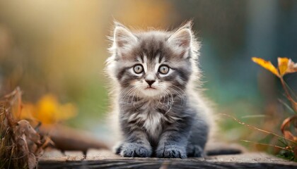 Naklejka na ściany i meble cute gray little kitten is sitting outdoors