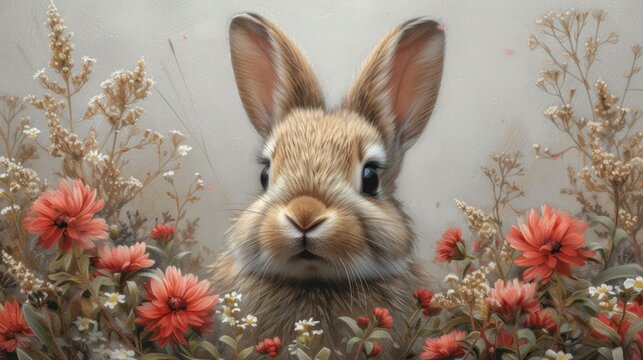a painting of a rabbit in a field of flowers with a white wall behind it and a white wall behind it.