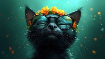 a cat with sunflowers on its head and glasses on it's head, in front of a green background.