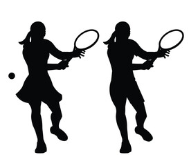 Two black female silhouettes of a women's tennis player standing straight and rushing forward to hit the ball with a racket