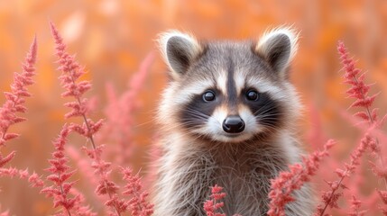 a close up of a raccoon in a field of flowers with a blurry background of red flowers.