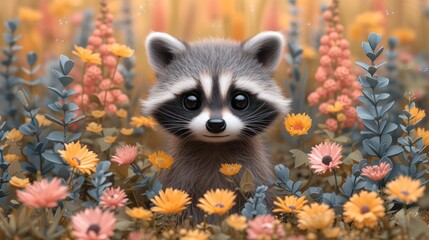 a painting of a raccoon in a field of wildflowers with a baby raccoon in the foreground.