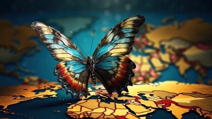 Artistic butterfly wings as world map, global transformation theme