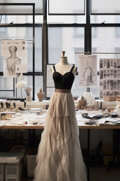 Mannequin in design studio surrounded by fashion sketches and tools