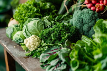 Fresh assorted vegetables including green lettuce, broccoli, parsley, cauliflower, and radishes displayed on a wooden table for a vibrant, healthy choice. 