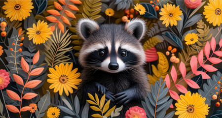 a painting of a raccoon in a field of flowers with leaves and flowers on the sides of it.