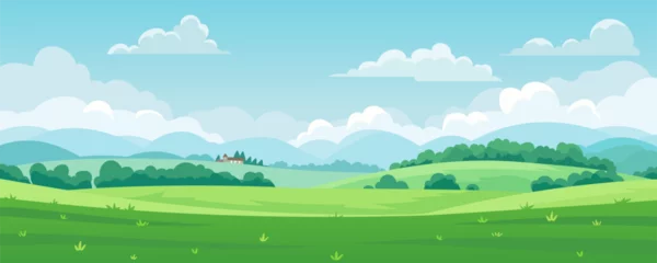 Gardinen Beautiful rural landscape with meadows and fields, trees and hills, houses against a background of blue sky and white clouds. Pasture grass for cows. Vector illustration of summer fields. © Evgeniia