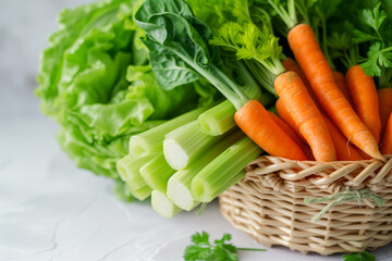 Fresh vegetables spill from a woven basket: crisp celery, bright carrots, and leafy greens. Ideal for a healthy lifestyle, this vibrant mix of colors and textures invites wholesome meals.