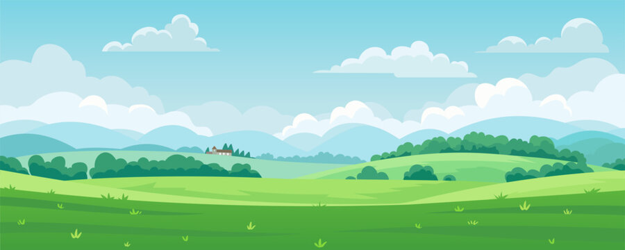 Beautiful rural landscape with meadows and fields, trees and hills, houses against a background of blue sky and white clouds. Pasture grass for cows. Vector illustration of summer fields.