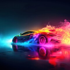 Metallic sports car with colorful colorful texture drifting emitting colorful exhaust fumes on dark background, great for automotive, repair shop, advertising, web etc. Generative Ai