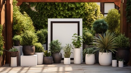 Fototapeta na wymiar Contemporary home garden with diverse plant filled pots. Stylish interior with mock up poster frame. Concept of home gardening.