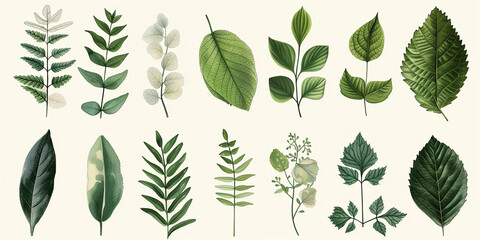 A detailed botanical illustration of a variety of green leaves, each with its unique shape and texture, arranged in a harmonious composition on a matte paper background. - obrazy, fototapety, plakaty