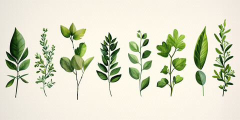 A detailed botanical illustration of a variety of green leaves, each with its unique shape and texture, arranged in a harmonious composition on a matte paper background. - obrazy, fototapety, plakaty