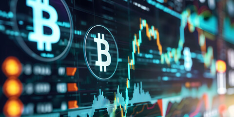 Illuminated Bitcoin logo on a digital screen with financial analytics and stock market charts overlay - obrazy, fototapety, plakaty