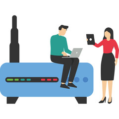 internet connection using the concept, Two people with wifi router, Man and woman in the casual dress using internet connection. Flat design vector illustration on blue background.