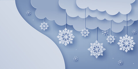 Illustration, on a blue background, paper cut style, hanging snowflakes, clouds, vector.