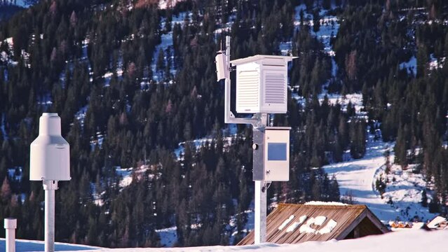 Alpine Village Weather Station Equipment with Stevenson Screen Instrument Shelter Containing Thermometer Hygrometer Psychrometer Dewcell Barometer Thermograph Sensors