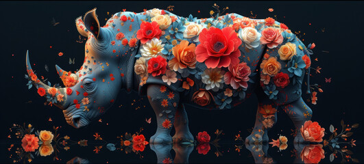 a rhino with flowers on it's back and a black background with butterflies and flowers on it's back.