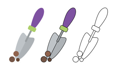 Icon set: colored hand garden shovel and trowel with thin outline. Shovel for garden work isolated on white background vector illustration.