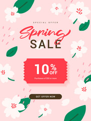 Spring Sale coupon template poster vector design. White Cherry Blossoms flower on soft pink background