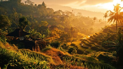 view of rice terrace landscape at sunset featuring intricate terraces and traditional architecture in the fading light