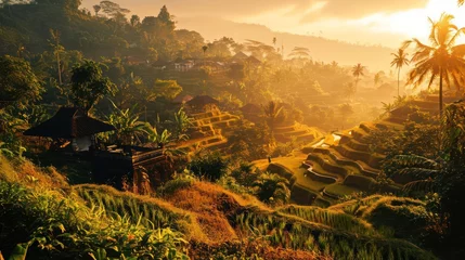 Foto op Plexiglas view of rice terrace landscape at sunset featuring intricate terraces and traditional architecture in the fading light © Tina