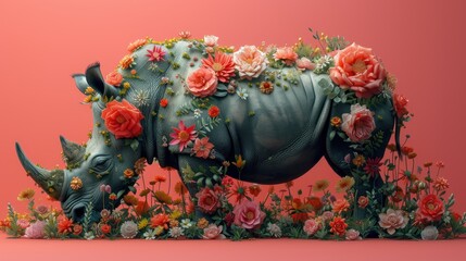 a rhinoceros with flowers on its head is standing in the middle of a field of flowers on a pink background.