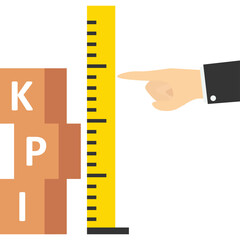 KPI concept, key performance indicator measurement to evaluate the success or meet targets, metrics or data to review and improve the business concept, a man standing on KPI box measuring performance.