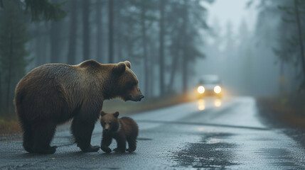 Bear and small cub crossing forest asphalt road with car headlights. Driving carefully concept....